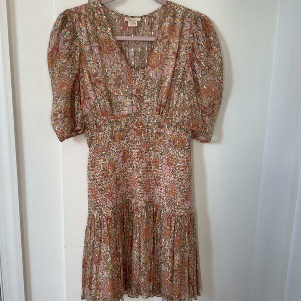 Shoshanna Pink and Gold Floral Smocked Midi Dress
